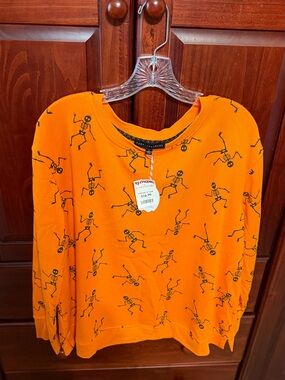 Jane and Delancey Orange Crewneck with Black Skeleton Print